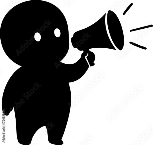 A stark black silhouette of a cartoonish figure shouts into a megaphone, radiating sound lines, against a plain white background, creating a bold announcement.
