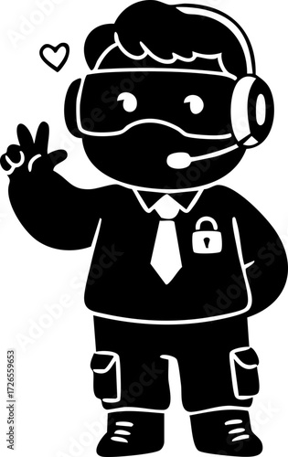 Digital art: a cute, black silhouette of a security guard wearing VR headset, tie, and padlock pin, making a peace sign, happy mood.
