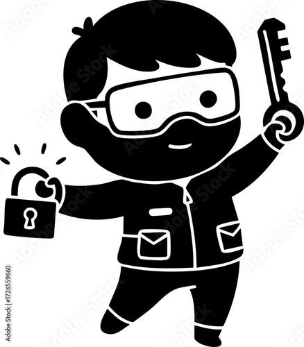Digital art: A cartoon burglar with goggles holds a key and padlock, smiling mischievously, against a plain white background; cheerful, simple, and graphic.
