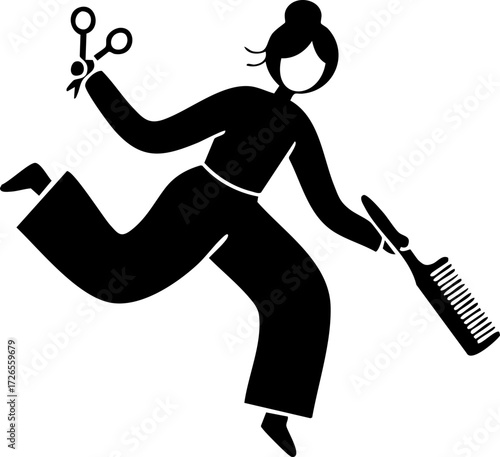 A stylized black silhouette of a running hairdresser holding scissors and a comb, isolated on a white background, conveying a playful, energetic mood.

