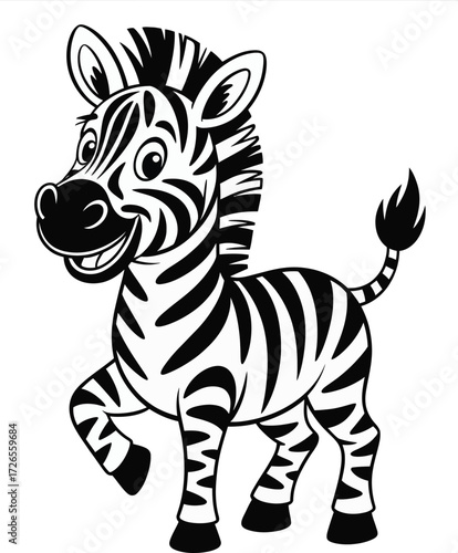 Smiling cartoon zebra with black and white stripes poses playfully