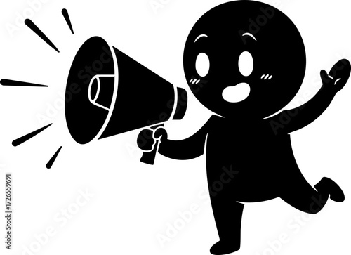 A cheerful black silhouette figure holds a megaphone, announcing with excitement, against a plain white background, digital art, simple, joyful, no shadows.
