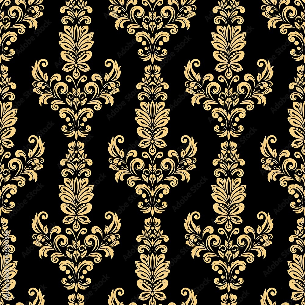 Luxurious Black and Gold Damask Seamless Pattern. Intricate Small-Scale Royal Baroque Wallpaper with Exquisite Floral Motifs. Elegant Background for High-End Commercial Use.