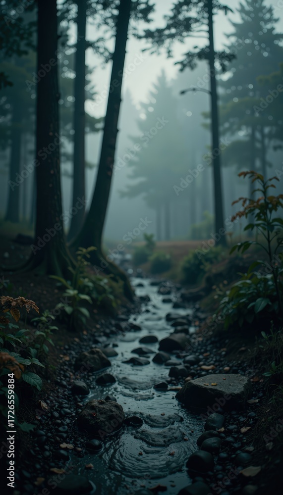 Fototapeta premium Mysterious Forest Stream in Fog Nature Landscape Photography