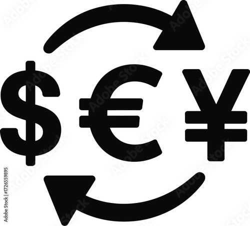 Currency exchange symbol depicting dollar euro and yen conversion process