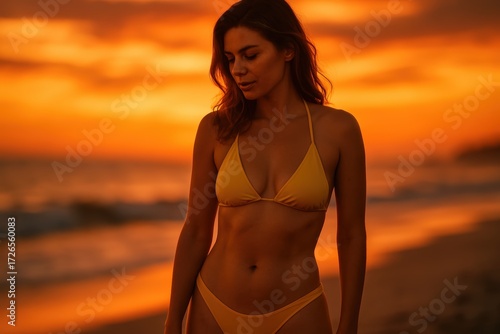 Young Woman Wearing Yellow Bikini Standing on Beach at Sunset