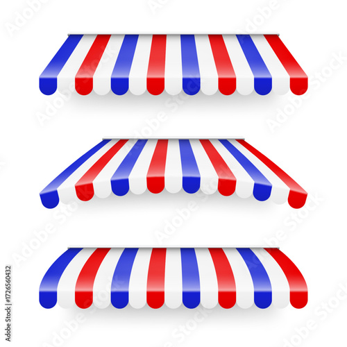 Shop sunshade. Realistic striped cafe awning. Outdoor market tent. Roof canopy in French flag colors. Summer street store. Vector illustration.