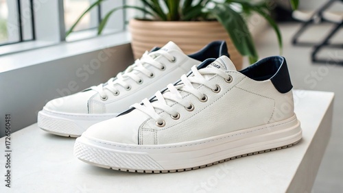 An isolated pair of white sneakers side view on a bright windowsill, perfect for everyday wear