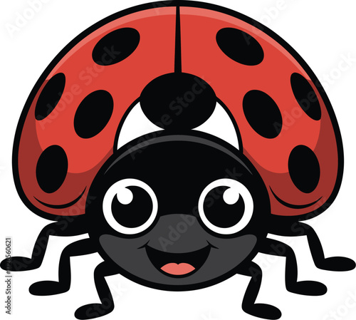 A charming cartoon ladybug with black spots and a friendly smile