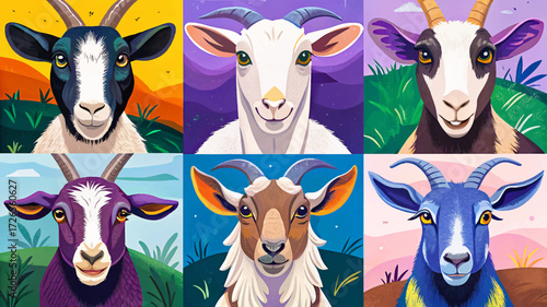 goat breed vector set collection including Alpine, Boer, Nubian, Saanen, and Pygmy goats, showing farming diversity, playful energy, and rustic charm