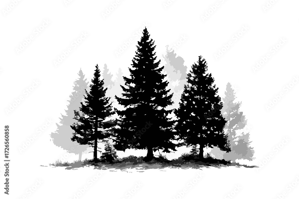 Obraz premium Silhouettes of evergreen trees create serene winter atmosphere, evoking tranquility