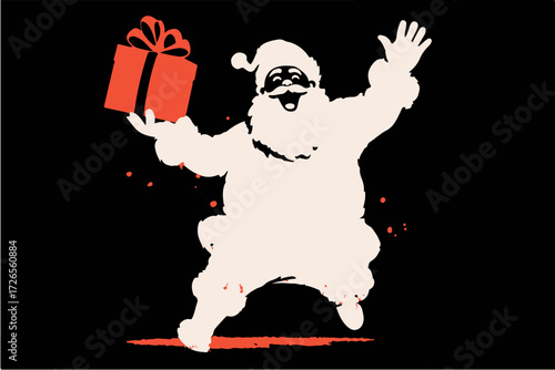 Joyful Santa figure holding presents, radiating festive cheer against dark background