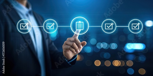 Businessman s hand touching a digital checklist interface with glowing icons representing tasks and completion on a blurred city background