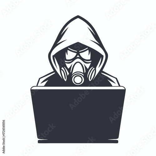 A hooded figure wearing a gas mask appears to be using a laptop