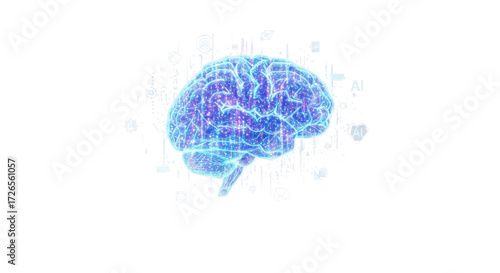 Digital glowing brain for science and technology concepts isolated PNG with Transparent Background