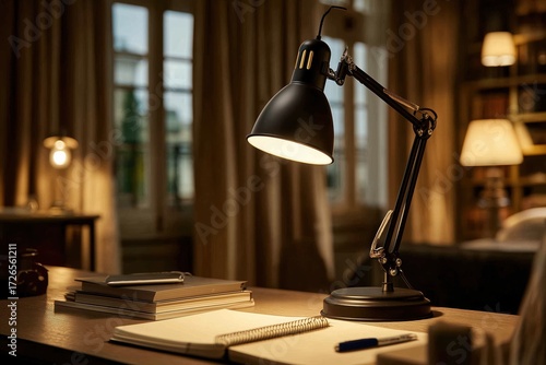 Cozy Home Office Desk Scene with Lamp and Stationery in Warm Evening Light.
