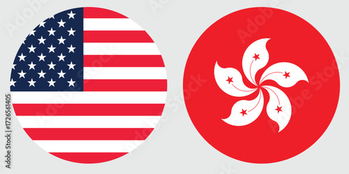 America and Hong Kong circular national flag vector flat design and digital illustration on grey background,Round flat flag on grey background 