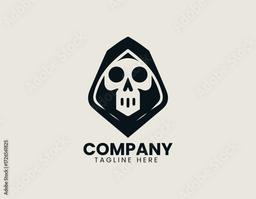 Dark stylized vector logo illustration of a grim reaper skull in a hooded cloak. Gaming and Macabre concept