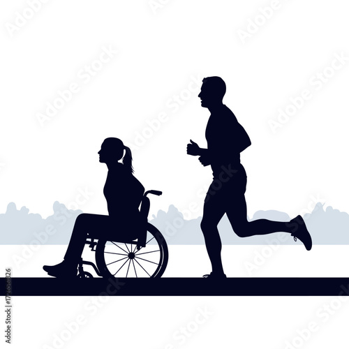 Energetic runner and woman in wheelchair race forward, symbolizing determination and inclusive sports achievements in a dynamic silhouette