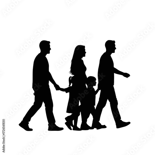 Diverse family unit walking together as a cohesive team, symbolizing unity, progress, and shared journey through life's experiences.