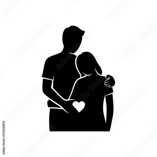 Loving couple embracing with a heart symbol, representing deep connection and enduring affection, ideal for family and relationship themes.