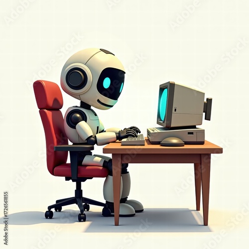 AI robot sits at old computer monitor, typing on keyboard. concept of automation and job substitution.