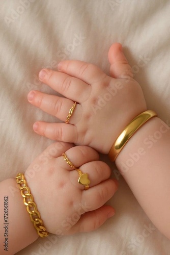 close-up shot showcasing the delicate hands of a baby adorned with various gold rings and bracelets on a soft, neutral background, highlighting infant jewelry or a cultural tradition. 