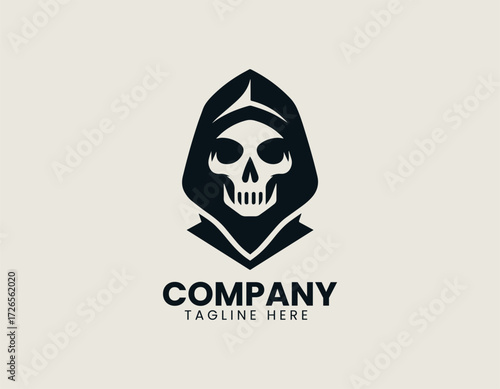 Dark stylized vector logo illustration of a grim reaper skull in a hooded cloak. Gaming and Macabre concept