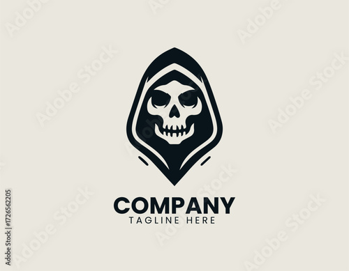 Dark stylized vector logo illustration of a grim reaper skull in a hooded cloak. Gaming and Macabre concept