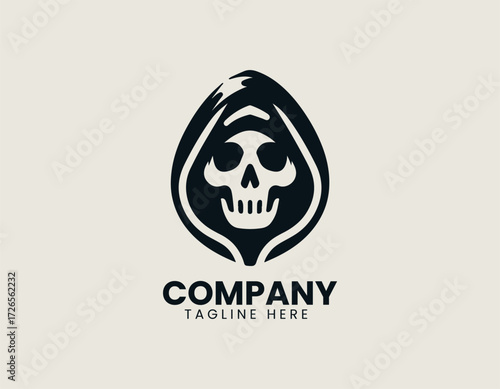 Dark stylized vector logo illustration of a grim reaper skull in a hooded cloak. Gaming and Macabre concept