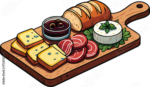 vector illustration of charcuterie board with cheese, appetizer, ham, olives, restaurant, tapas, spanish food