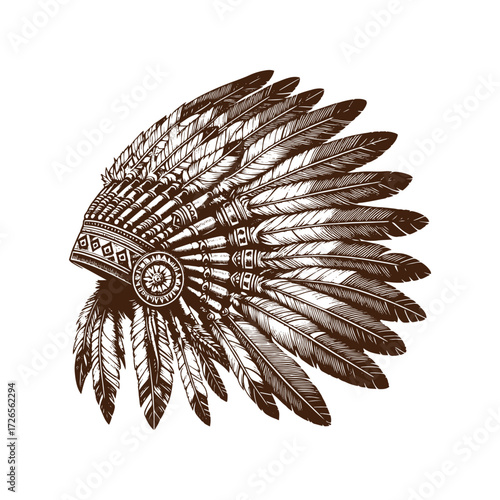 Traditional Native American Headdress — Intricate Feather War Bonnet Illustration