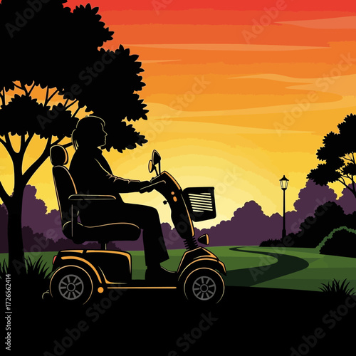 Elderly person enjoying a serene evening ride on a mobility scooter through a scenic park at sunset, promoting independence and active aging.