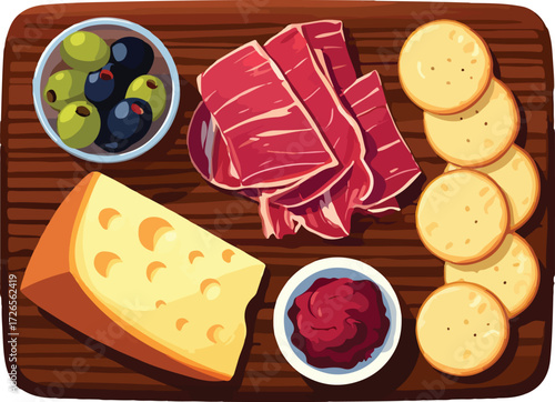 vector illustration of charcuterie board with cheese, appetizer, ham, olives, restaurant, tapas, spanish food