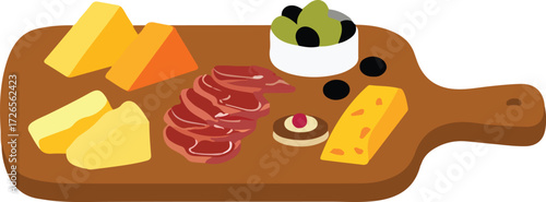 vector illustration of charcuterie board with cheese, appetizer, ham, olives, restaurant, tapas, spanish food