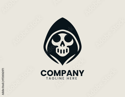 Dark stylized vector logo illustration of a grim reaper skull in a hooded cloak. Gaming and Macabre concept