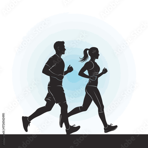 Dynamic silhouettes of a man and woman running together outdoors, embracing active healthy lifestyles and fitness goals.
