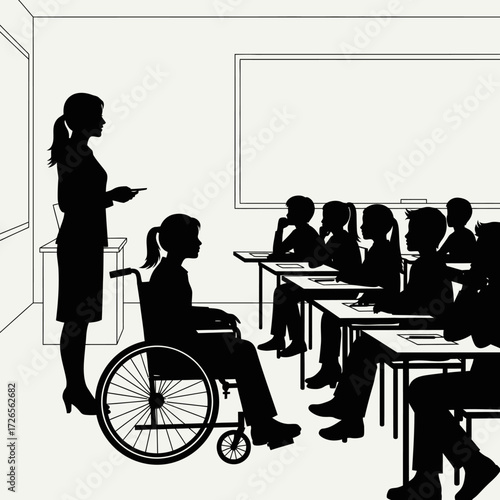 Inclusive classroom setting with teacher and students, showing a student in a wheelchair, promoting diversity and accessibility in edu.epsion, teaching values