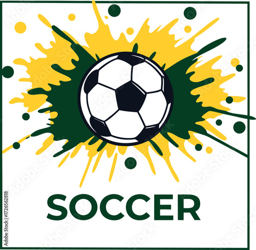 Dynamic illustration of a classic black and white soccer ball exploding with vibrant yellow and green paint splatters against a white background with the word soccer below