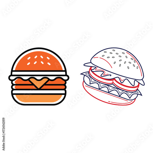 Two stylized hamburger icons one in vibrant orange and yellow with a solid fill and clean lines the other a detailed outline sketch showing layers of ingredients against a white background