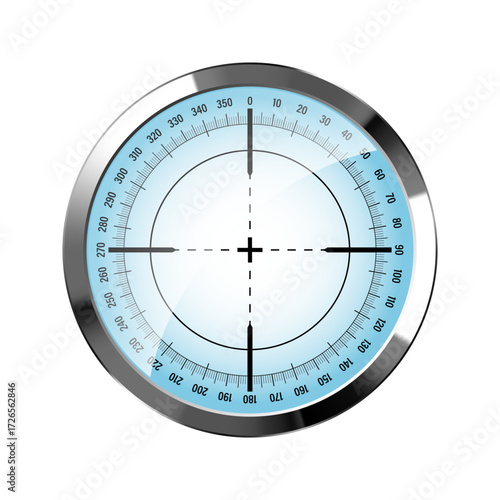 Chrome weapon sight, sniper rifle optical scope. Hunting gun viewfinder with crosshair. Aim, shooting mark symbol. Military target sign, silhouette. Game interface UI element. Vector illustration
