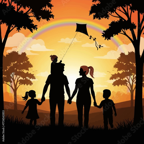 Experience the joy of family togetherness with this silhouette of a family flying a kite under a radiant rainbow, symbolizing hope and enduring love