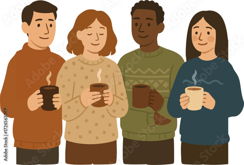 Characters with hot drinks. Winter happiness, autumn tea or coffee drink. Cold treatment, people wearing sweater drinking beverages utter vector set