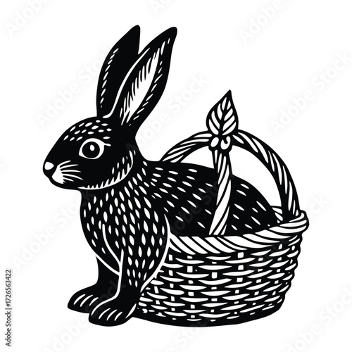Black rabbit in woven basket animal illustration