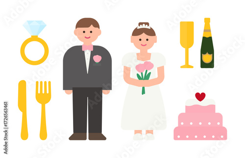 Champagne, bride and groom, wedding invitation vector illustration