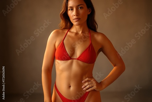 Young Woman Wearing Red Bikini Standing Confidently in Studio with Warm Lighting