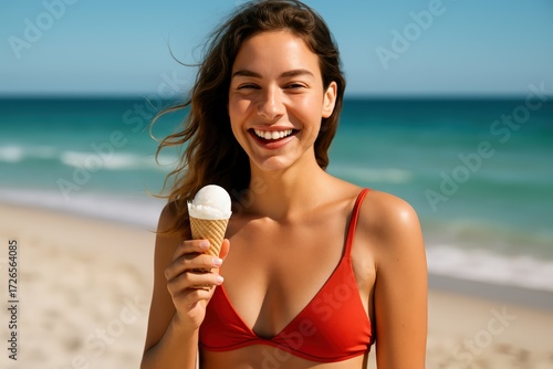 Young Woman Wearing Red Bikini Smiling Holding Ice Cream Cone on Beach