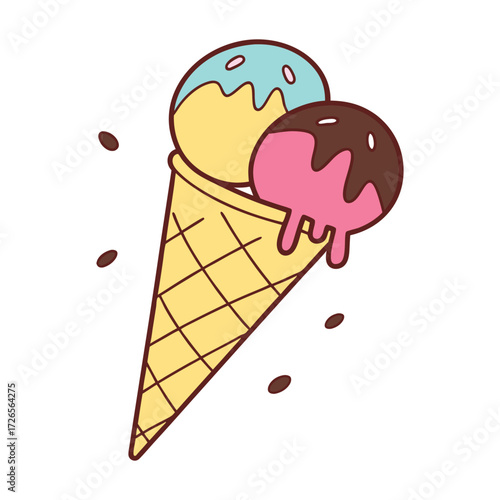 A vibrant hand drawn illustration of a waffle cone overflowing with three scoops of colorful ice cream featuring chocolate drizzle and sprinkles perfect for summer treats and desserts