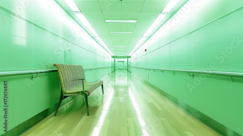 Modern Green Hospital Corridor with Empty Seating Area and Bright Lighting