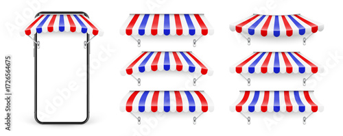 Smartphone with shop sunshade, metal mount, online internet shopping. Realistic striped cafe awning. Outdoor market tent. Roof canopy in French flag colors. Summer street store. Vector illustration